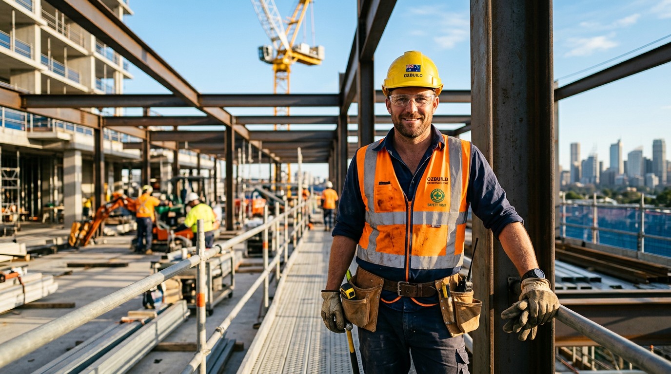 Australian tradesman wearing safety hard hat and hi-vis vest on construction site